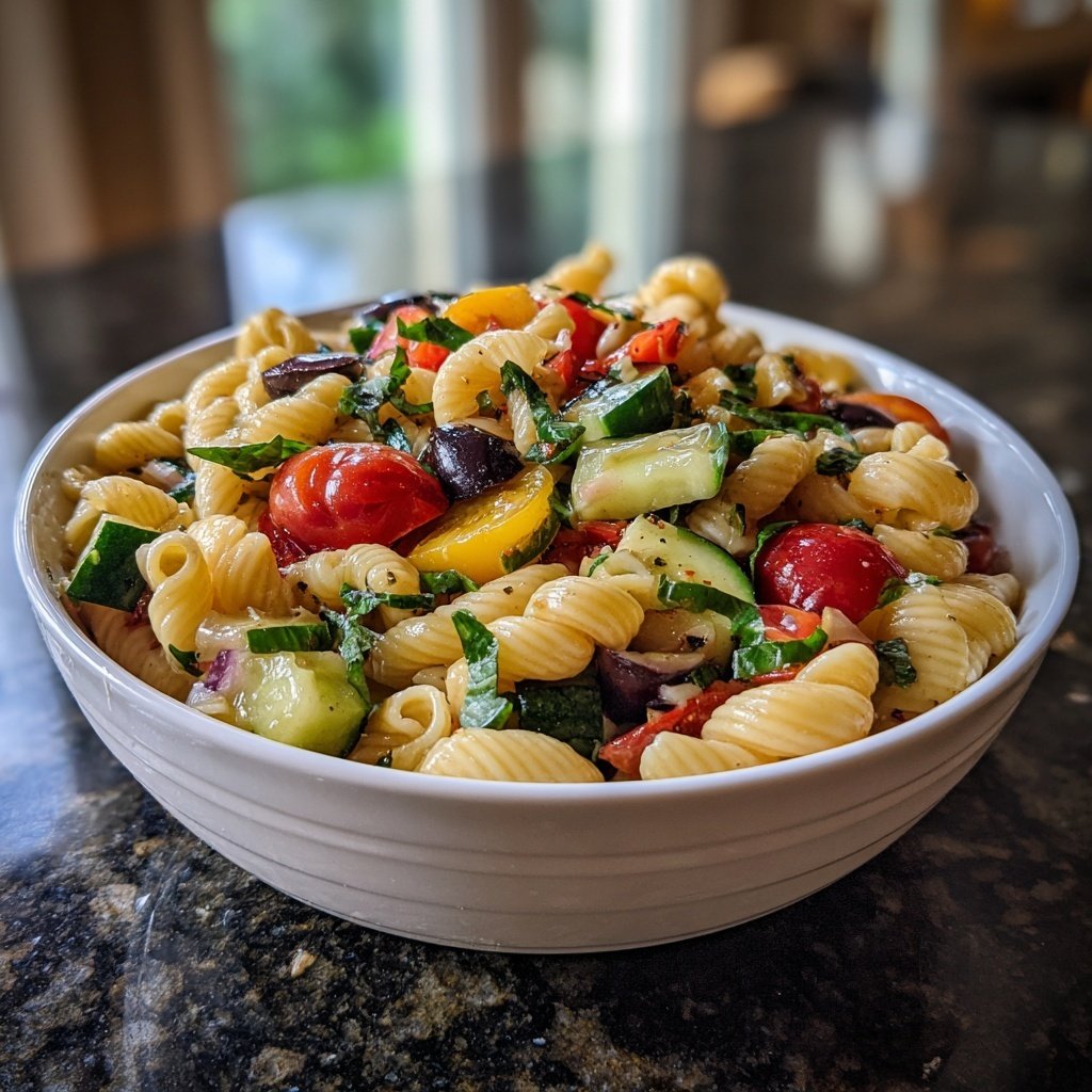 Mediterraner Nudelsalat Mit Basilikum Und Oliven