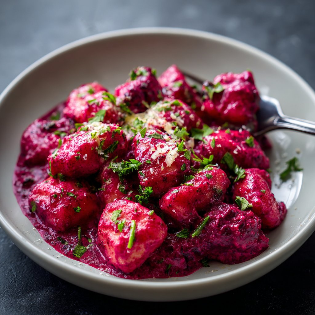 Gnocchi mit rosa Rote-Bete-Sauce
