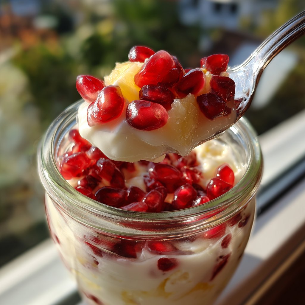 Frühstück im Glas mit Joghurt und Granatapfel